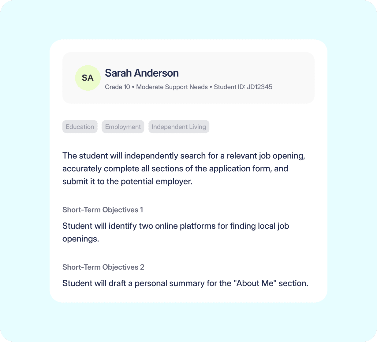 Student assessment report with goals